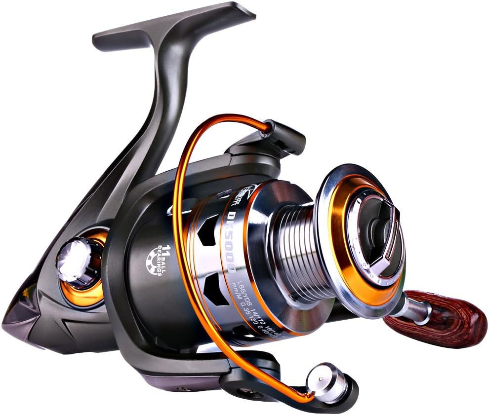 Sougayilang Spinning Fishing Reels with Left/Right Interchangeable Collapsible Wood Handle Powerful Metal Body 5.2:1/5.1:1 Gear Ratio Smooth 11BB for Inshore Boat Rock Freshwater Saltwater Fishing