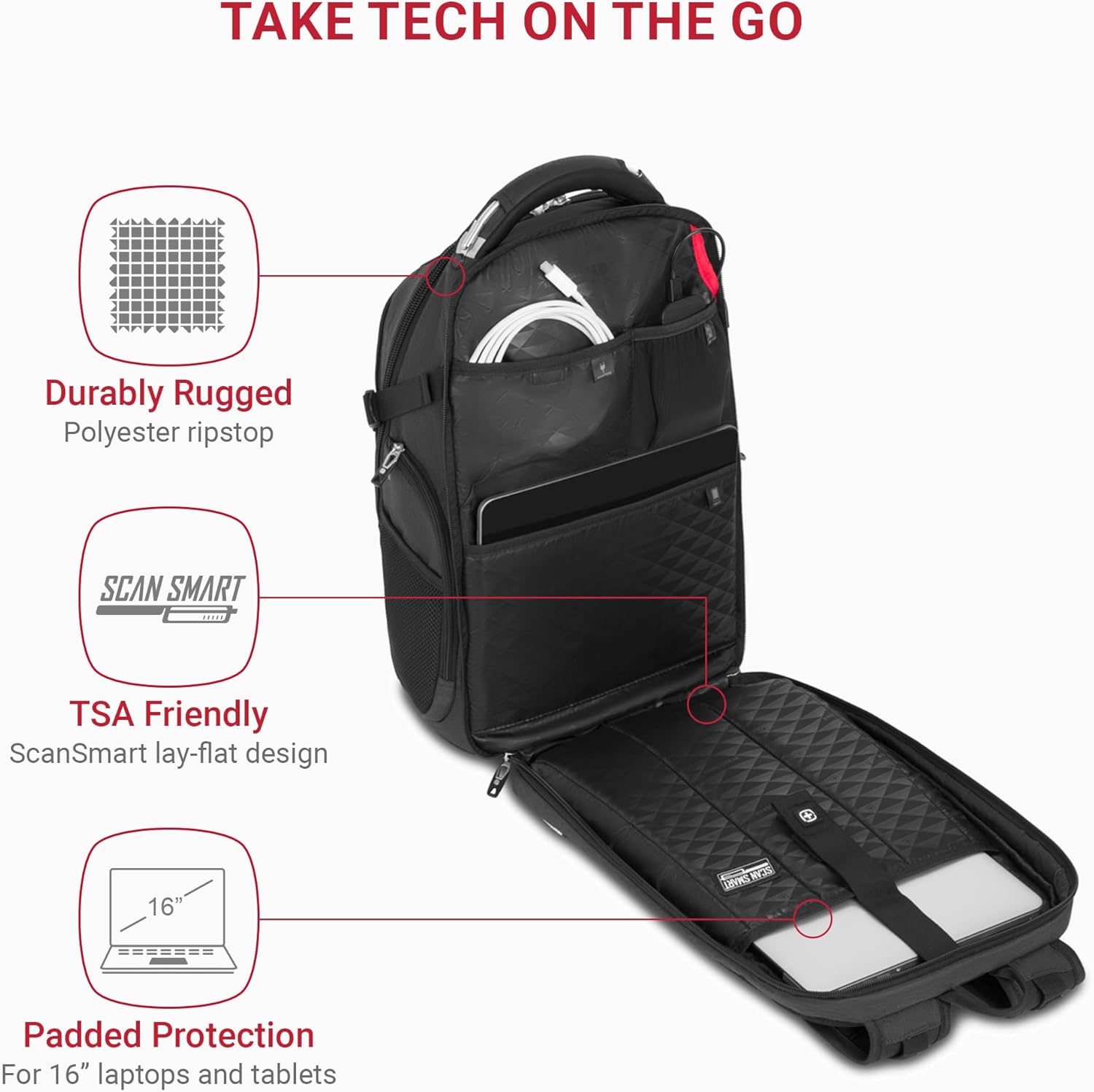 SwissGear 5358 ScanSmart Laptop Backpack, Fits 16 Inch Laptop, USB Charging Port, Heather Grey - Image 2