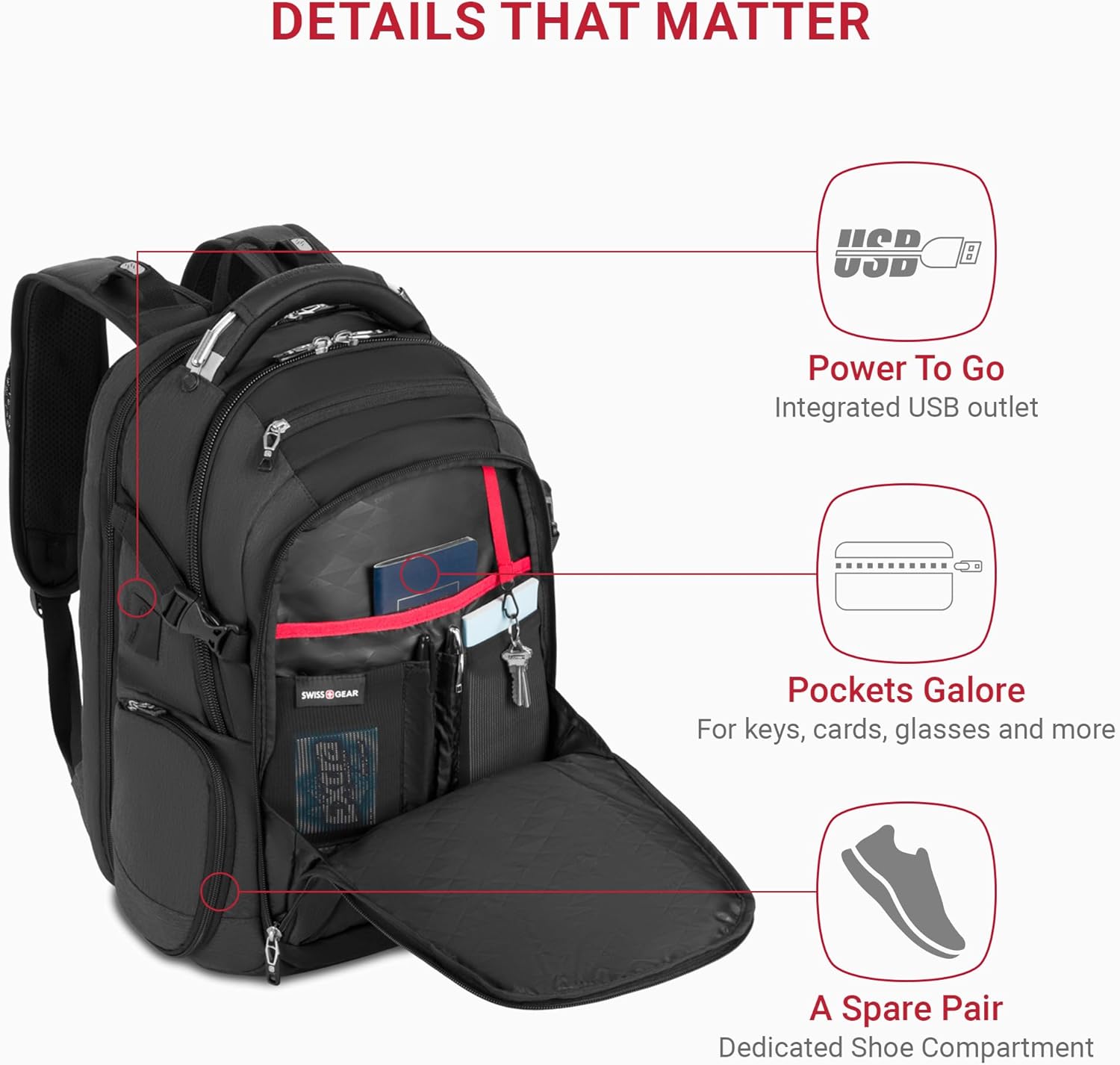 SwissGear 5358 ScanSmart Laptop Backpack, Fits 16 Inch Laptop, USB Charging Port, Heather Grey - Image 3